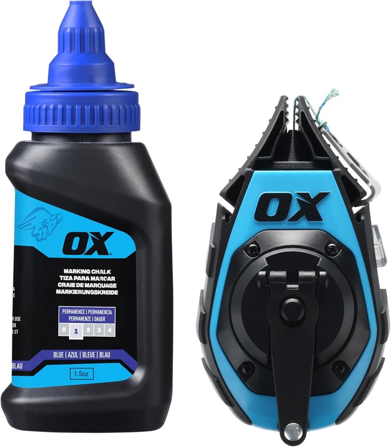 Ox Pro 50ft Precision Chalk Line with Pinchable Rubber Tip and 4oz Chalk Powder Refill - Kevlar and Nylon Ultra Fine Line Marking Tool 3:1 Gear Ratio Chalk Reel Tool -P630702 - Image 1